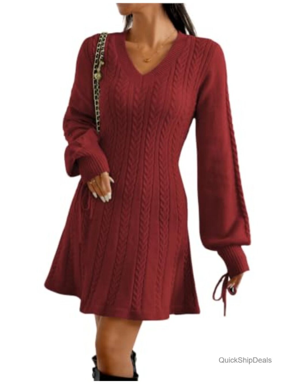Cable Knit V Neck Sweater Dress Long Sleeve Mini A Line